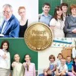 cztery zdjęcia przedtawiające nauczycieli wraz z uczniami i na środku logo plebiscytu dziennika zachodniego