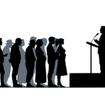 grafika przedstawiająca ludzi i człowieka na mównicy